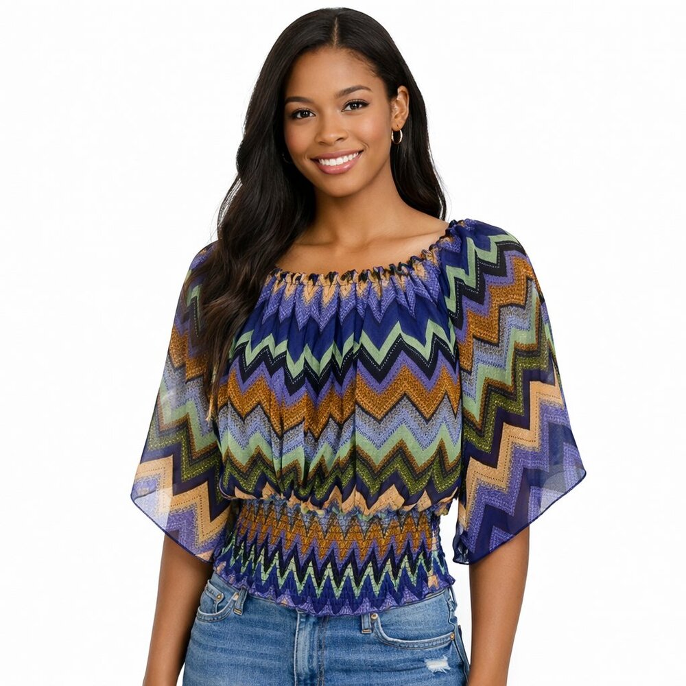 bat sleeve sheer colorful shirring waist cropped top Size: L